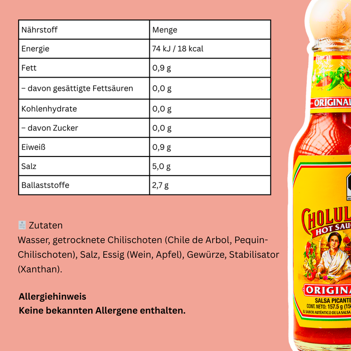 Cholula Hot Sauce Original 150ml – Mexikanische Würzsauce mit Chili de Arbol & Pequin