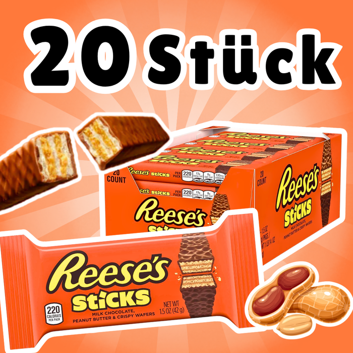 20× REESE’S Peanut Butter Candy Sticks – Waffelröllchen mit Erdnussbutter & Milchschokolade – 20×42,5 g