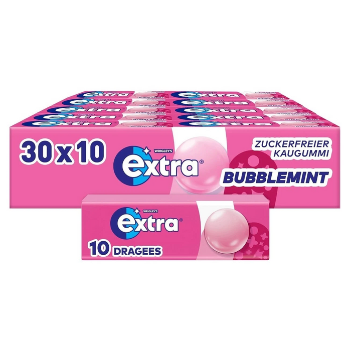 Wrigley's Extra Bubblemint Kaugummi Zuckerfrei (30 x 10 Dragees) - Frucht & Minze Geschmack, Zahnpflege Kausnack Vorratspack Großpackung