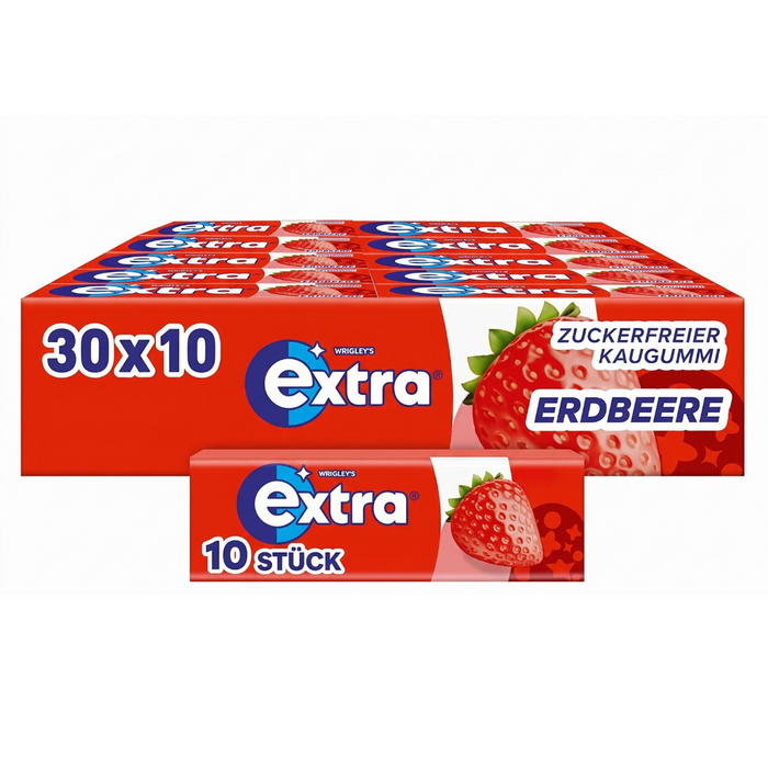 Wrigley's Extra Strawberry Erdbeer Kaugummi Zuckerfrei (30 x 14g) - Fruchtgeschmack, Zahnpflege Kausnack Vorratspack Großpackung