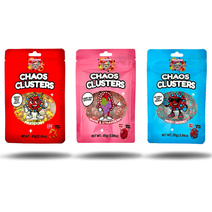 3x Chaos Clusters Gummie – Amerikanische Süßigkeit | Fruitstorm, Grape & Strawberry, Mixed Berries | 3x 85g