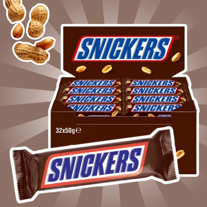 32x Snickers Schokoriegel – Klassischer Erdnuss-Karamell-Schokoladenriegel, 32x 50g Box