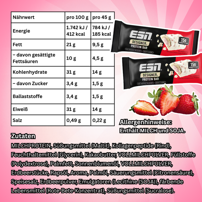 12x ESN Designer Protein Bar Strawberry White Chocolate 45 g – Proteinriegel mit Erdbeere & weißer Schokolade – 540 g