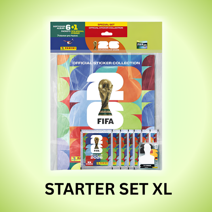 Panini FIFA World Cup 2026 Start Set XL Softcover mit 6 Tüten + 1 DFB Spezial Sticker – 7 Sticker je Tüte