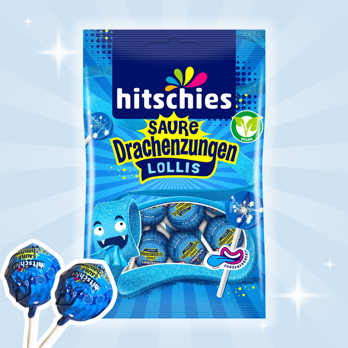 3x Hitschies Saure Drachenzungen Lollis 128g – Saure Fruchtlutscher, 3x 128g