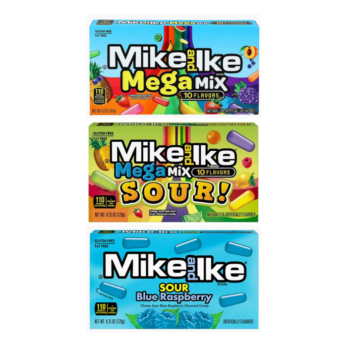 3x Mike and Ike Pack – 1x Mega Mix, 1x Sour, 1x Blue Raspberry | Kaudragees Mix | Fruchtig, Sauer & Süß | US-Candy