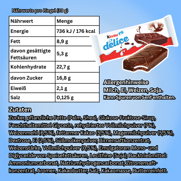 Kinder Délice Cacao, 20er Pack (20 × 39 g) – Kuchen-Snack mit Milchcremefüllung