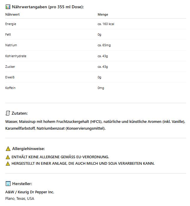 A&W Root Beer – 12er-Pack (12 x 355 ml) – Koffeinfreies Erfrischungsgetränk mit Vanille-Geschmack