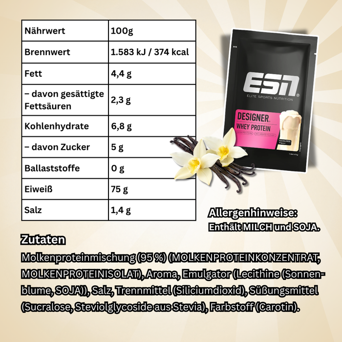 ESN Designer Whey Protein Probierpaket – Vanilla Milk 30 g + Milk Chocolate 30 g + Flexpresso Whey Protein Coffee Coffee Flavour 30 g