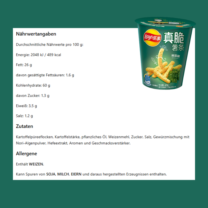 Lay’s Knusprige Kartoffelchips mit Nori-Algen-Geschmack – 40 g Dose