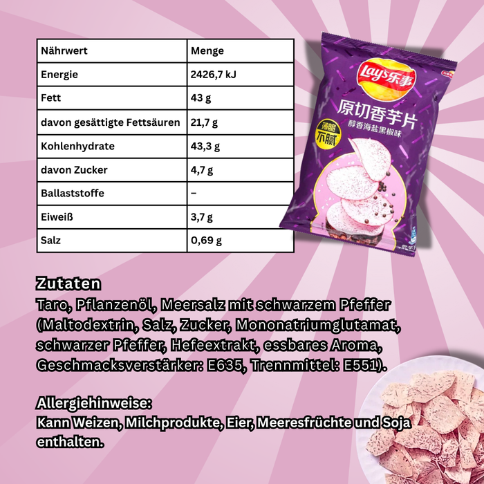 Lay’s Taro Chips Sea Salt & Black Pepper – Knusprige Taro-Chips mit Meersalz & Schwarzem Pfeffer, 60 g