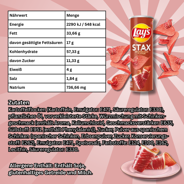 Lay’s Stax Spanish Ham – Knusprige Kartoffelchips mit spanischem Schinkengeschmack, 90 g