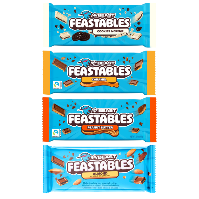 Mr Beast Feastables Schokoladenriegel | 4er-Pack: Peanut Butter, Milk Chocolate, Milk Crunch & Almond | 4 x 60g | Hochwertige Zutaten & unwiderstehlicher Geschmack