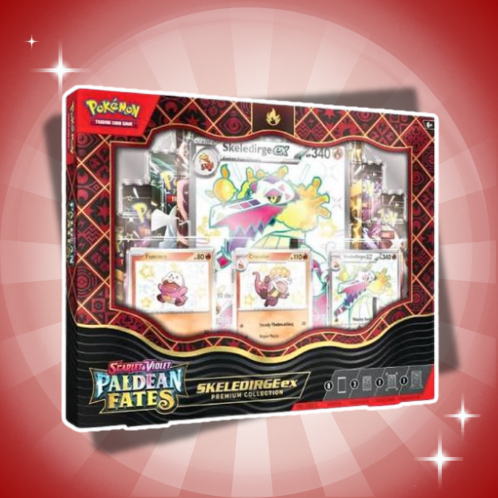 Pokémon Paldean Fates Skeledirge ex Premium Collection Englisch – 8 Booster + 3 Promo-Karten