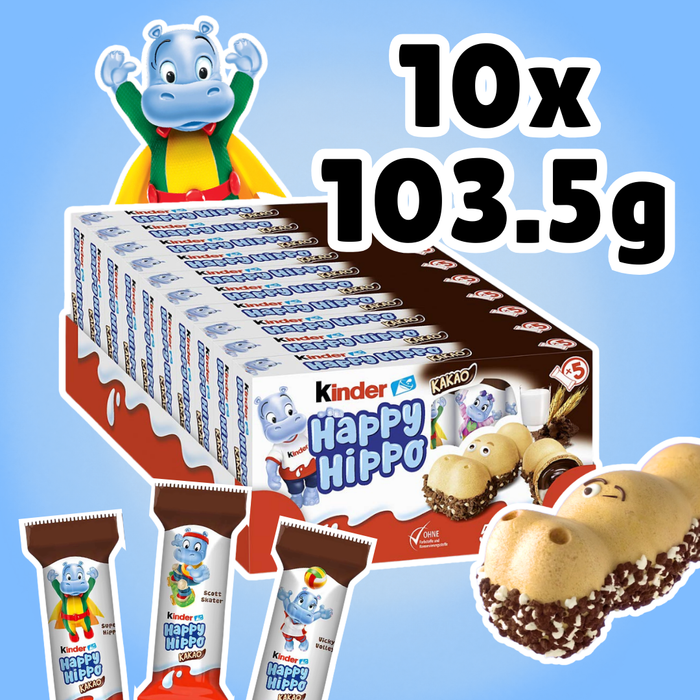 Kinder Happy Hippo Kakao – 10er Pack (10×103,5 g) Waffelsnack mit Haselnuss- und Kakao-Creme