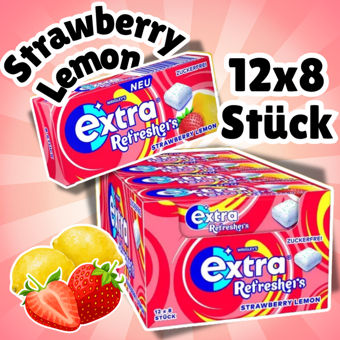 Wrigley's Extra Refreshers Strawberry Lemon Zuckerfreier Kaugummi | 12x17,9g (96 Dragees) | Erdbeer-Zitrone Geschmack