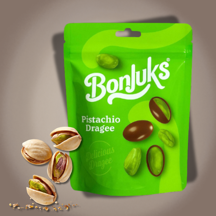 Bonjuks Pistachio Dragee – Pistazien-Dragees mit Kakao & Milchpulver, 60 g
