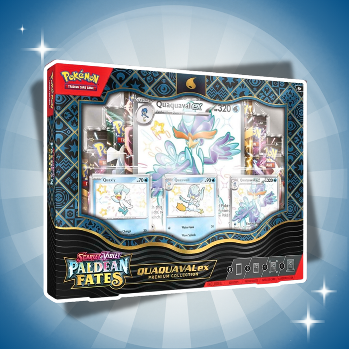 Pokémon Paldean Fates Quaquaval ex Premium Collection Englisch – 8 Booster + 3 Promo-Karten