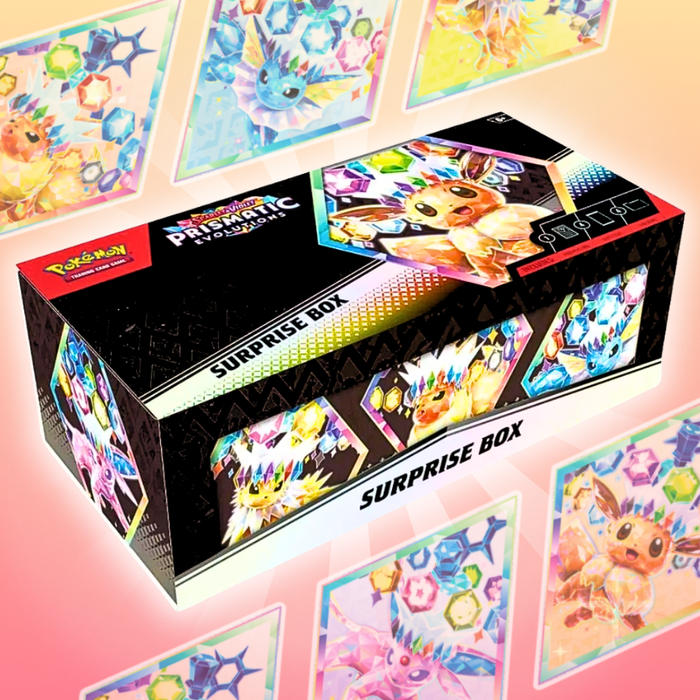 Pokémon Scarlet & Violet – Prismatic Evolutions Surprise Box Englisch, 4 Boosterpacks + Zufällige Evoli ex Promo Karte
