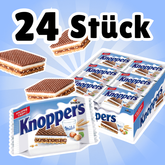 24× Knoppers Milch-Haselnuss-Schnitte – Knusprige Waffel mit Milchcreme, Nougatcreme & Haselnüssen – 24×25 g