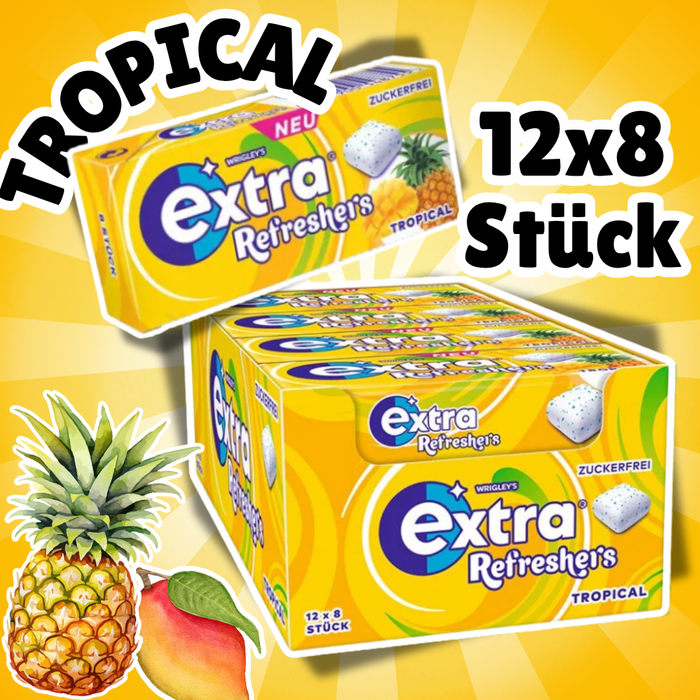 Wrigley's Extra Refreshers Tropical Zuckerfreier Kaugummi | 12x17,9g (96 Dragees) | Tropical Geschmack
