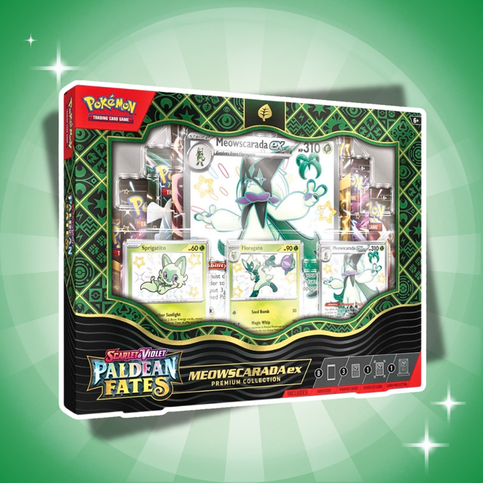 Pokémon Paldean Fates Meowscarada ex Premium Collection Englisch – 8 Booster + 3 Promo-Karten