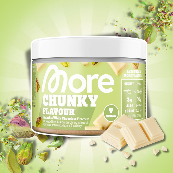 MORE Chunky Flavour Pistachio White Chocolate Vegan 150 g – Geschmackspulver mit Pistazienstücken und weißer Schokolade