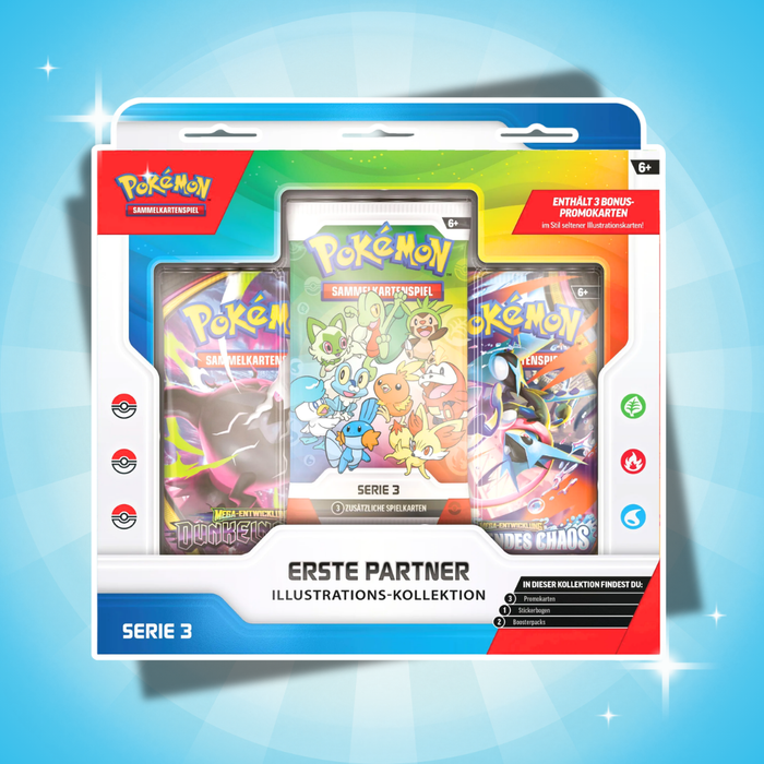Pokémon Erste Partner Kollektion Set 3 Deutsch – 2 Boosterpacks + Promokarten + Sticker
