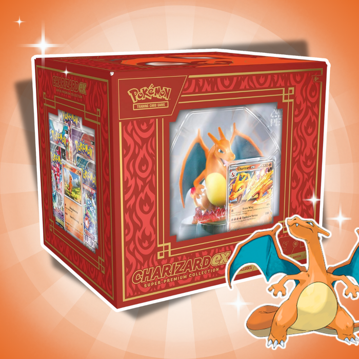 Pokémon Charizard ex Super-Premium Collection Englisch – 10 Booster + 3 Foil-Karten + Figuren-Display