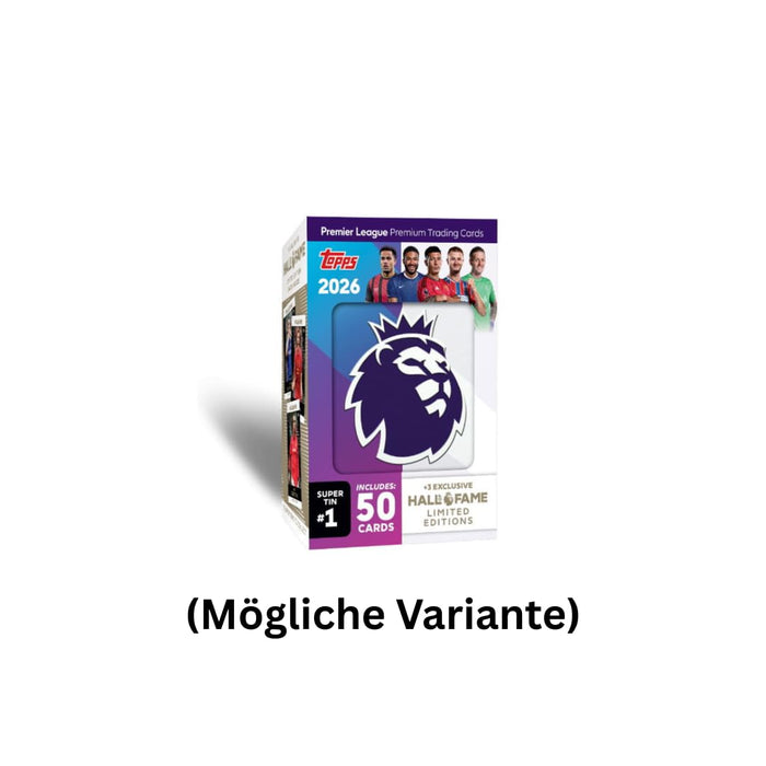 Topps Premier League 2025/26 Super Tin (Hall of Fame Serie) – 50 Trading Cards inkl. 3 exklusive Hall of Fame LE-Karten & 1:10 Chrome King Chance – Debut Edition