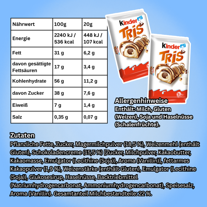 Kinder Tris Schokoriegel 100 g (5 Riegel) – Knuspriger Waffelriegel mit Milch- und Schokoladencreme