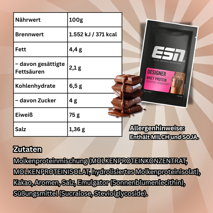 ESN Designer Whey Protein Probierpaket – Vanilla Milk 30 g + Milk Chocolate 30 g + Flexpresso Whey Protein Coffee Coffee Flavour 30 g