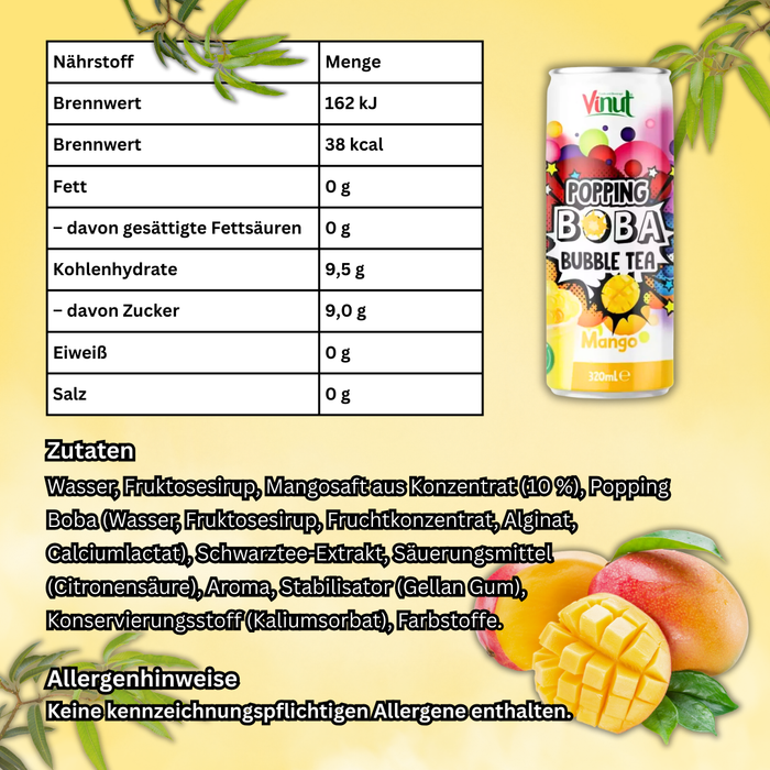 Popping Boba Bubble Tea Drink Mango – Erfrischender Tee mit Mango & Fruchtperlen, 320 ml