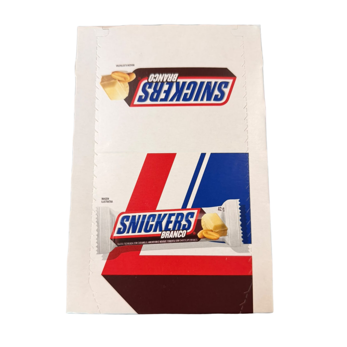 SNICKERS Branco White Chocolate Riegel 20 x 42 g – 1 Packung mit 20 Riegeln – Brasilianische Schokoriegel mit weißer Schokolade, Erdnüssen, Karamell und Nougat – 840 g