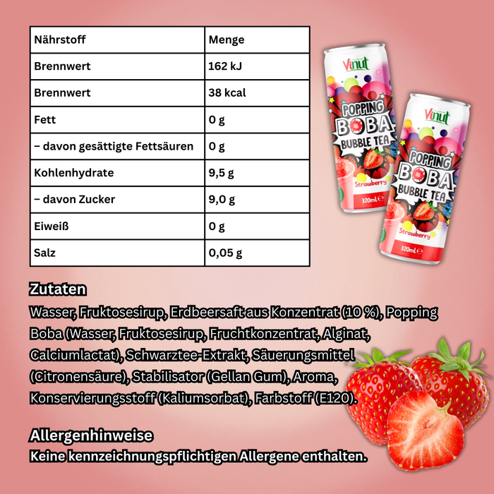 Popping Boba Bubble Tea Drink Strawberry – Erfrischender Tee mit Erdbeere & Fruchtperlen, 320 ml