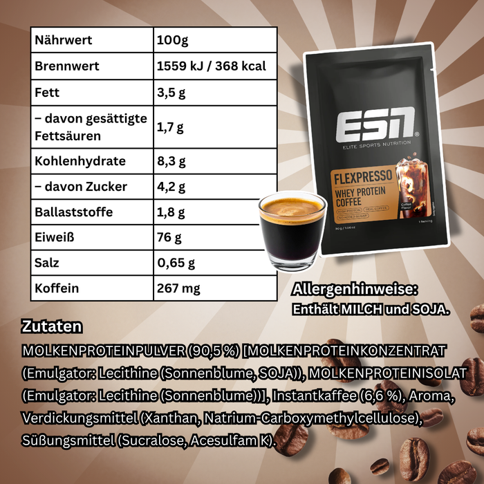ESN Designer Whey Protein Probierpaket – Vanilla Milk 30 g + Milk Chocolate 30 g + Flexpresso Whey Protein Coffee Coffee Flavour 30 g
