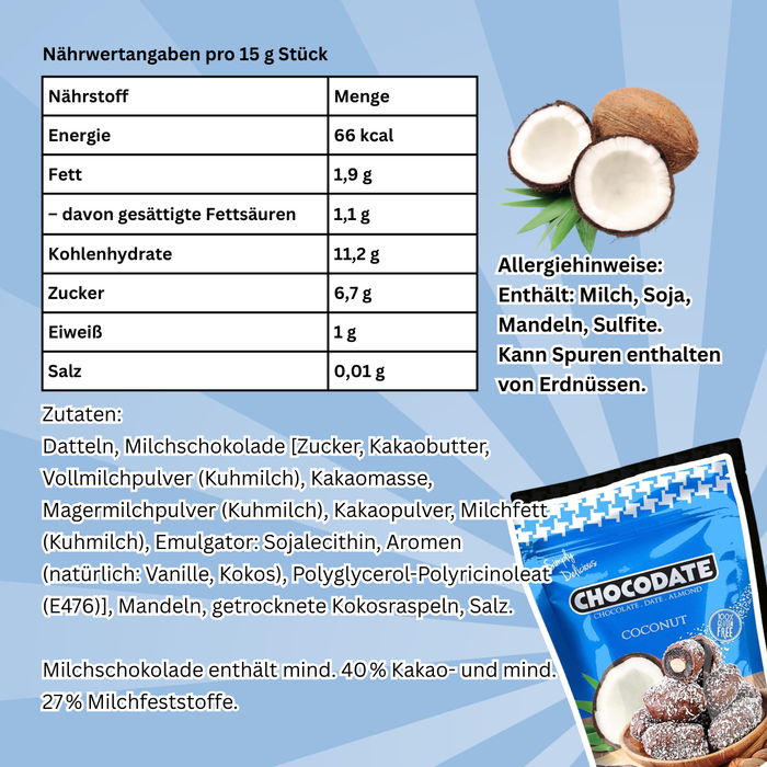 Chocodate Coconut Flavor – Datteln mit Milchschokolade, Mandeln & Kokos (90 g)
