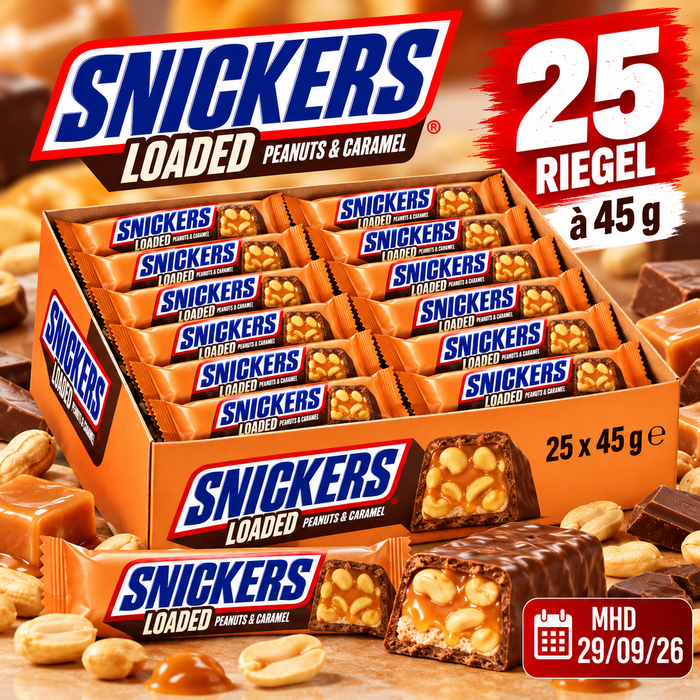 SNICKERS Loaded Peanuts & Caramel 25 x 45 g – Schokoriegel mit Erdnüssen und Karamell – Australische Spezialität – 25er-Pack – 1,125 kg