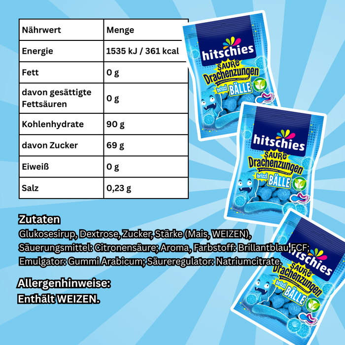 Hitschies Saure Drachenzungen brizzl Bälle Blau – Fruchtig-säuerliche Süßigkeiten, 100 g
