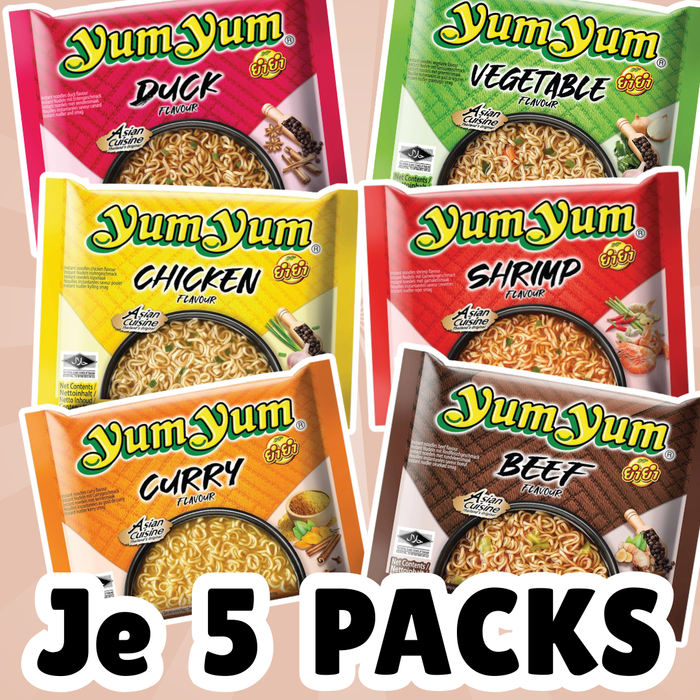 Yum Yum Instant Nudeln Mix – 30er Vorteilspack (5x Gemüse, 5x Ente, 5x Rind, 5x Huhn, 5x Garnele, 5x Curry), je 60 g