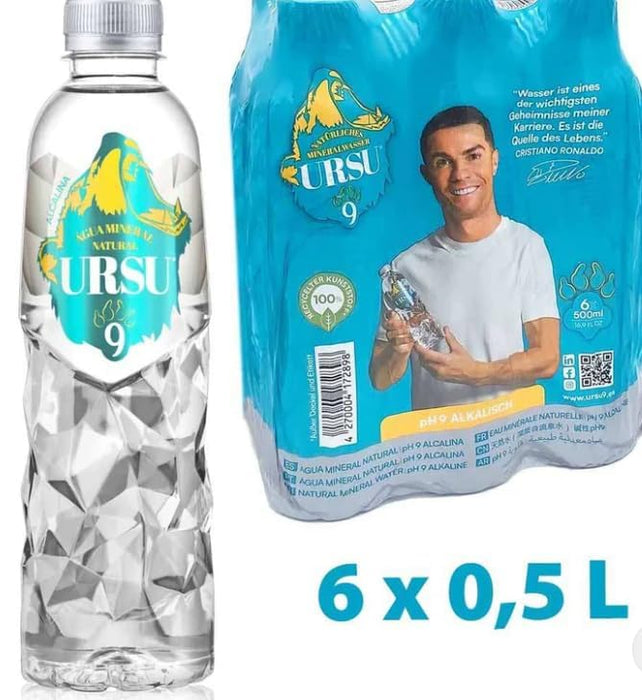 URSU 9 – Cristiano Ronaldos Premium-Wasser – 6 x 500 ml – Alkalisches Mineralwasser mit pH 9