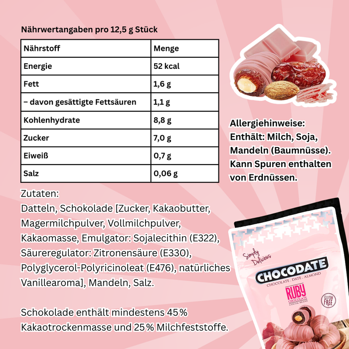 Chocodate Ruby – Datteln mit Ruby-Schokolade & Mandeln (90 g)