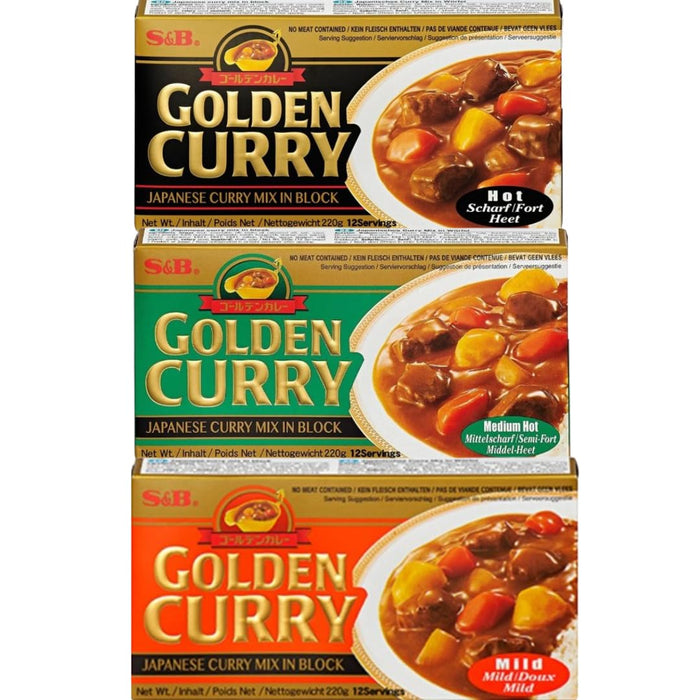 3x220g S&B GOLDEN CURRY MIX - Japanese Curry Mix - vegetarian no meat contained - 3 Geschmäcker: Mild, Medium Hot & Hot