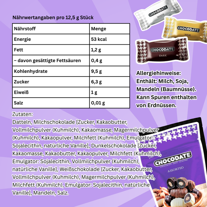 Chocodate Assorted – Datteln mit Milch-, Dunkel- & Weißschokolade & Mandeln (90 g)