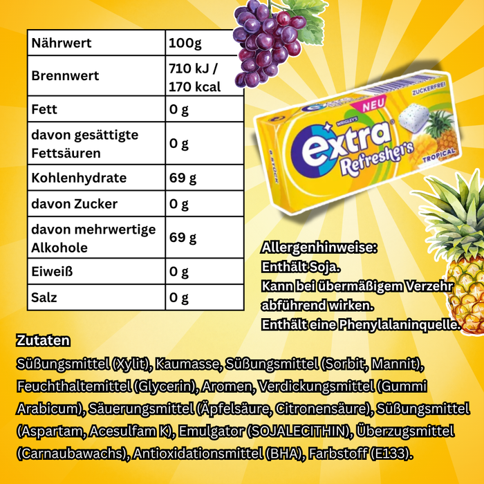 Wrigley's Extra Refreshers Tropical Zuckerfreier Kaugummi | 12x17,9g (96 Dragees) | Tropical Geschmack