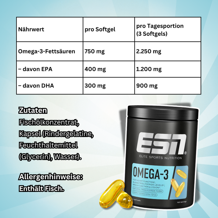 ESN Omega-3 Softgels 300 Kapseln – Hochdosiertes Fischöl mit EPA & DHA