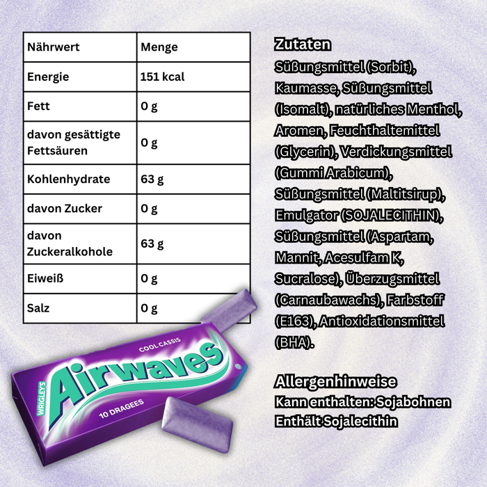 30x Airwaves Kaugummi Zuckerfrei Cool Cassis – Schwarze Johannisbeere Menthol Kaugummi, 10 Dragees pro Packung