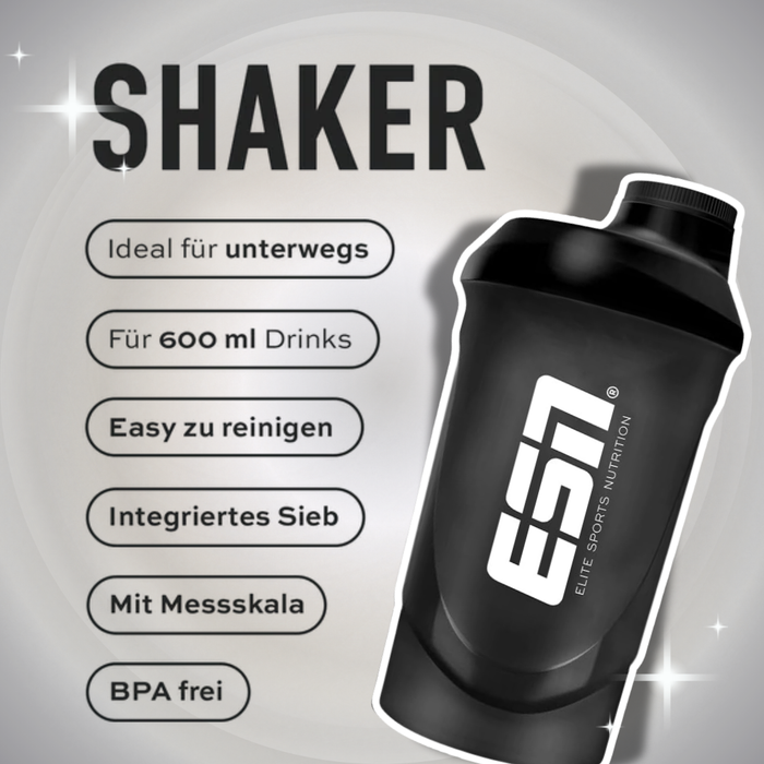 ESN Protein Shaker Schwarz 600 ml – Shaker für Proteinshakes & Sportgetränke