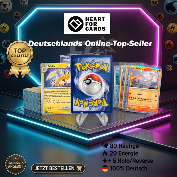 100x Pokémon Karten (Deutsch) + 5x Holo Karten – 80x Common/Uncommon + 20x Energiekarten – Zufällige Auswahl