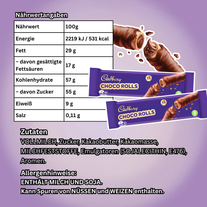 12x Cadbury Choco Rolls Knusprige Schokoladenröllchen, 12 x 22g